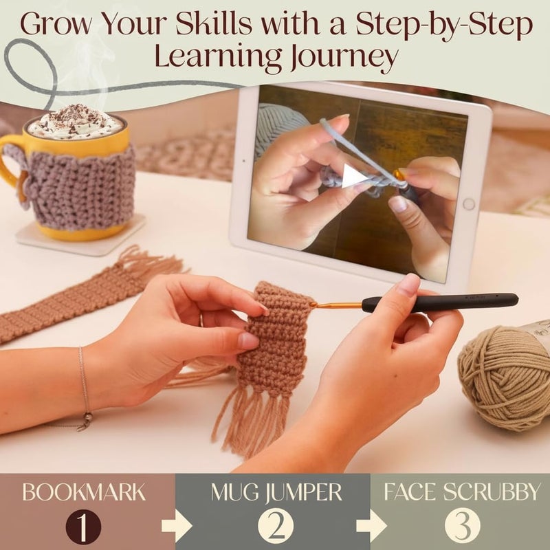 Berstuk Absolute Beginner Crochet Kit for Adults – Easy Projects with Step-by-Step Video Tutorials - Complete Kit for Functional Projects - Left & Right-Handed Instructions - Image 3